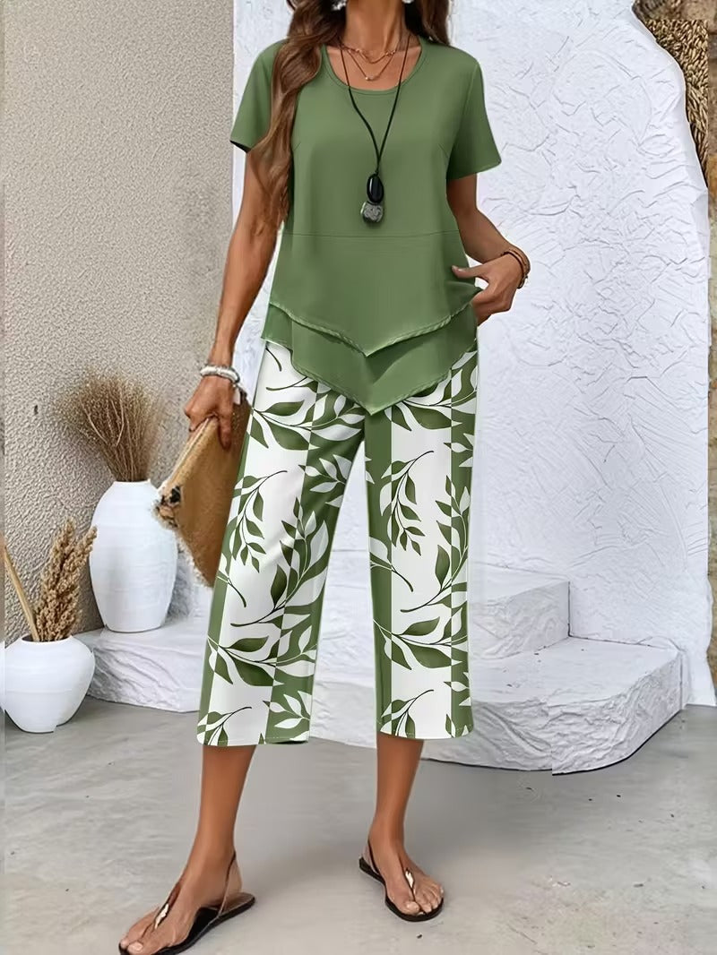 Arvessa™ | Casual Leaf Print Two Piece Set